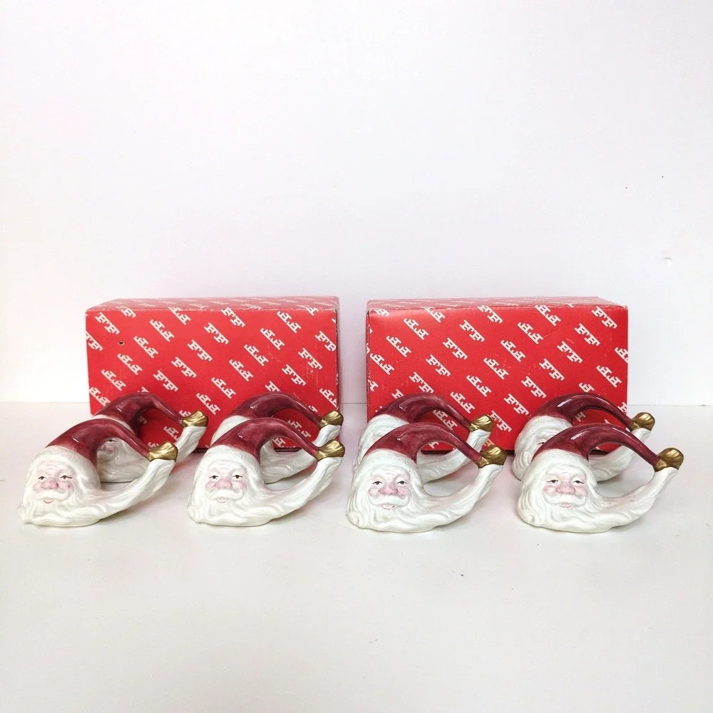 Vtg 90's Fitz and Floyd Santa Napkin Rings Old World Christmas Holiday Set of 8